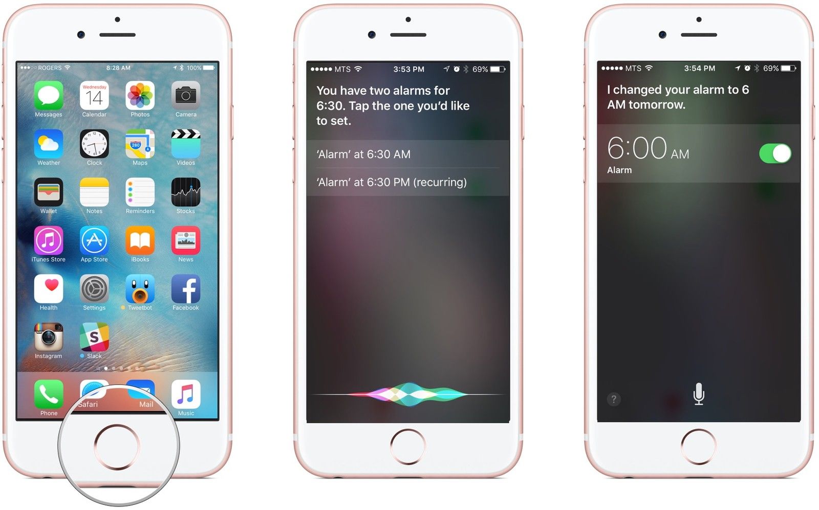 Удерживайте кнопку «Домой», Скажите изменить будильник, Выбрать будильник