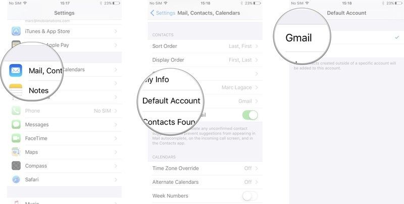 Нажмите Почта, Контакты, Календари, нажмите Учетная запись по умолчанию, Нажмите учетную запись