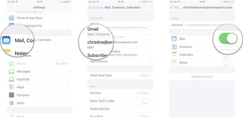 Нажмите «Почта», «Контакты», «Календари», выберите учетную запись, отключите