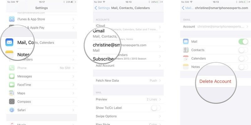 Нажмите Почта, Контакты, Календари, нажмите учетную запись, нажмите «Удалить учетную запись»