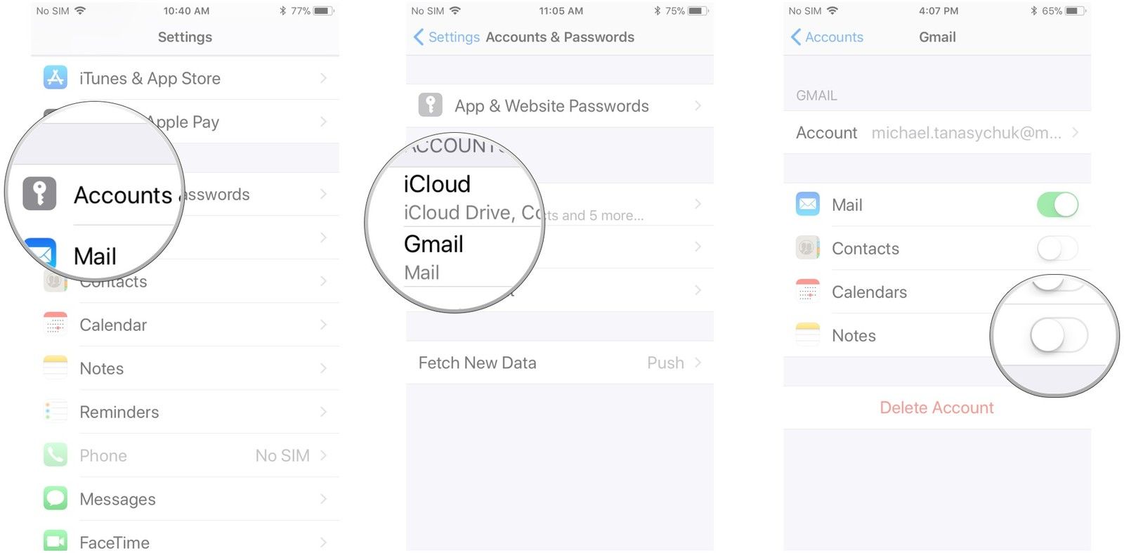 Нажмите «Учетные записи и пароли», нажмите на учетную запись, нажмите переключатель рядом с «Заметки»