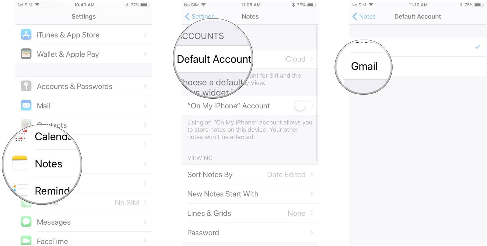 Нажмите Заметки, нажмите Учетная запись по умолчанию, нажмите учетную запись
