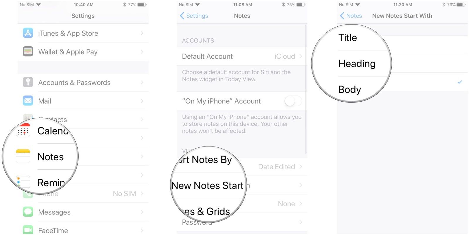 Нажмите «Примечания», нажмите «Новая заметка начинается с», нажмите параметр