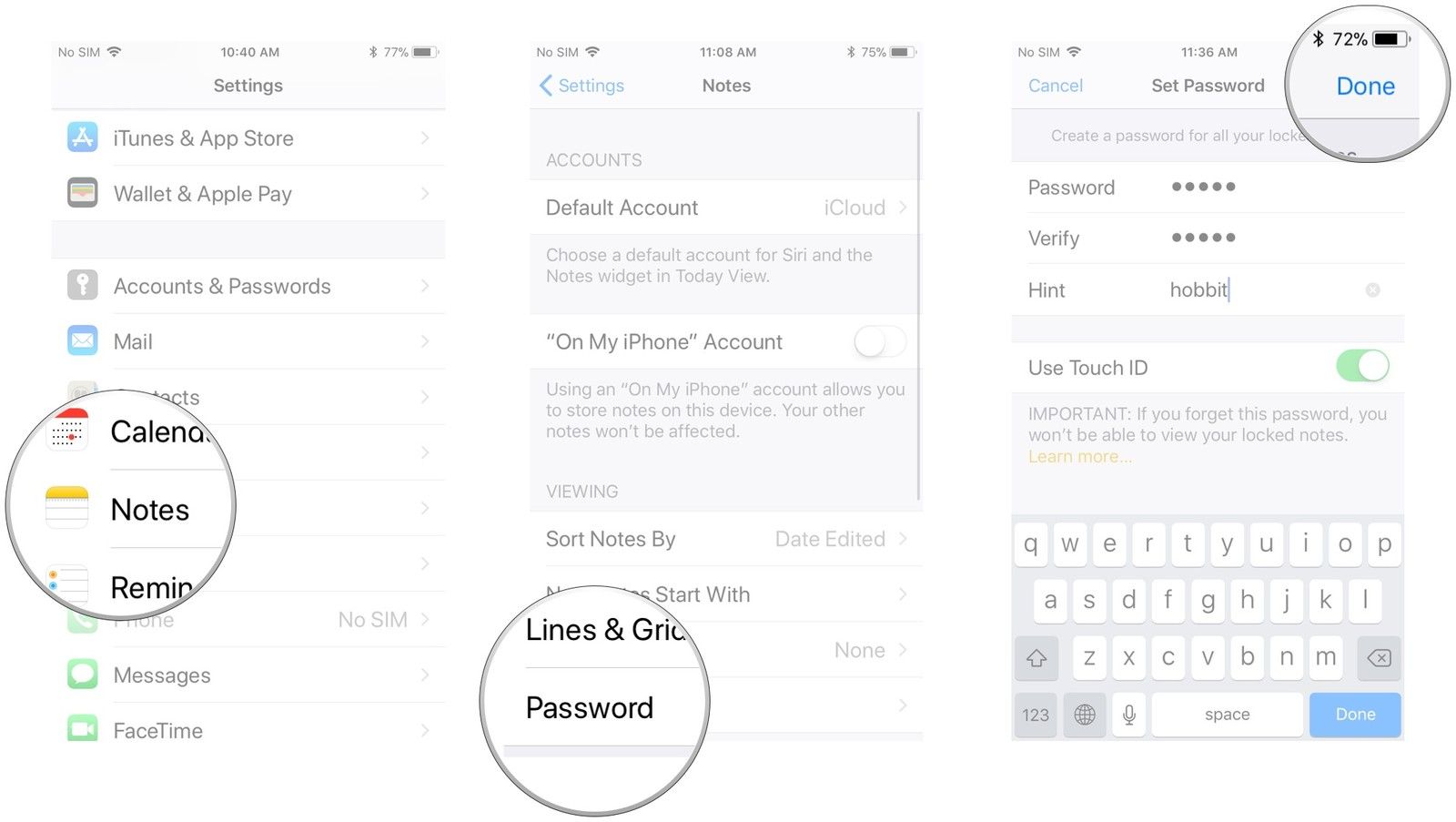 Нажмите «Заметки», нажмите «Пароль», введите пароль, подтвердите его, добавьте подсказку и нажмите «Готово».
