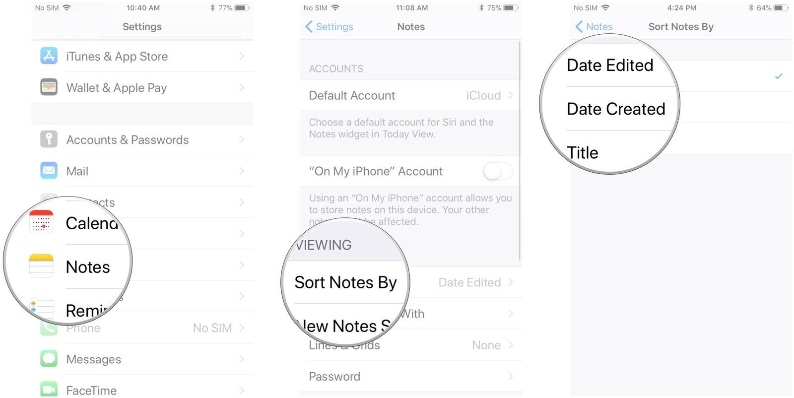 Нажмите «Заметки», нажмите «Сортировать заметки», нажмите