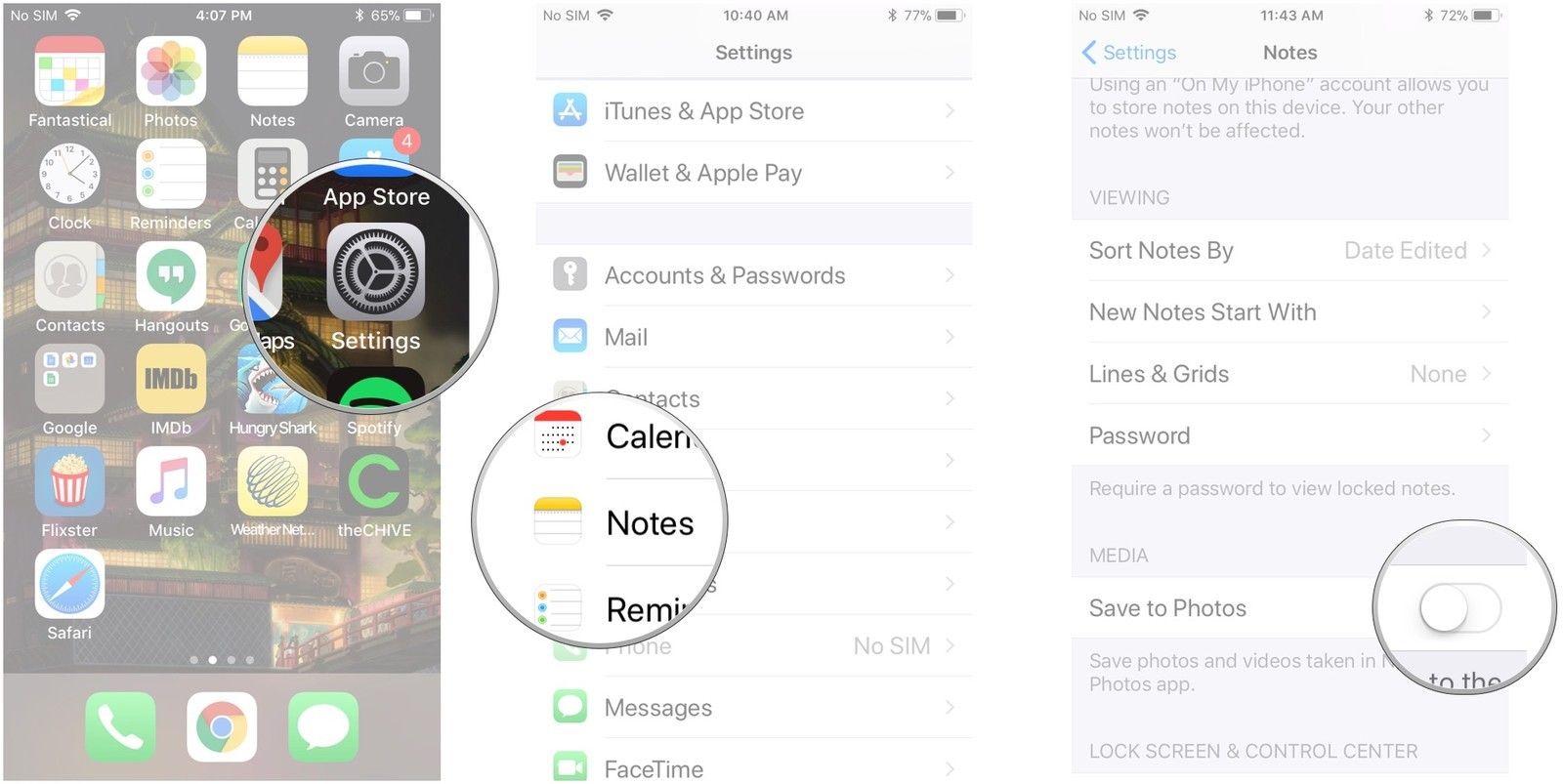 Запустите «Настройки», нажмите «Заметки», нажмите переключатель рядом с «Сохранить в фотографиях».