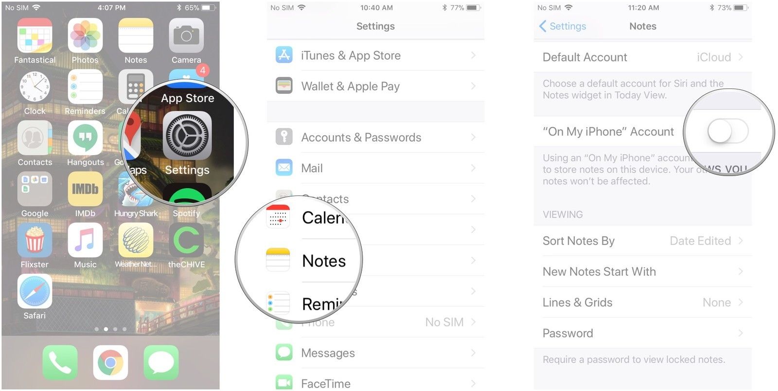 Запустите «Настройки», нажмите «Заметки», нажмите переключатель рядом с «На моей учетной записи iPhone»