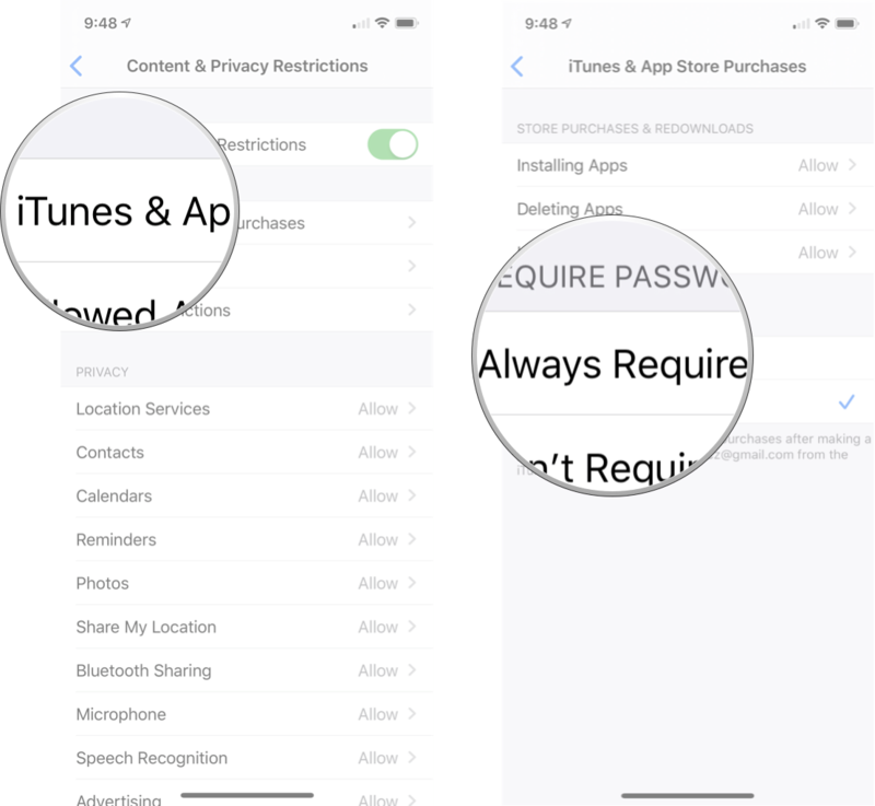 Нажмите на переключатель рядом с содержанием и конфиденциальностью's grey, tap iTunes & App Store Purchases and then tap Always Require