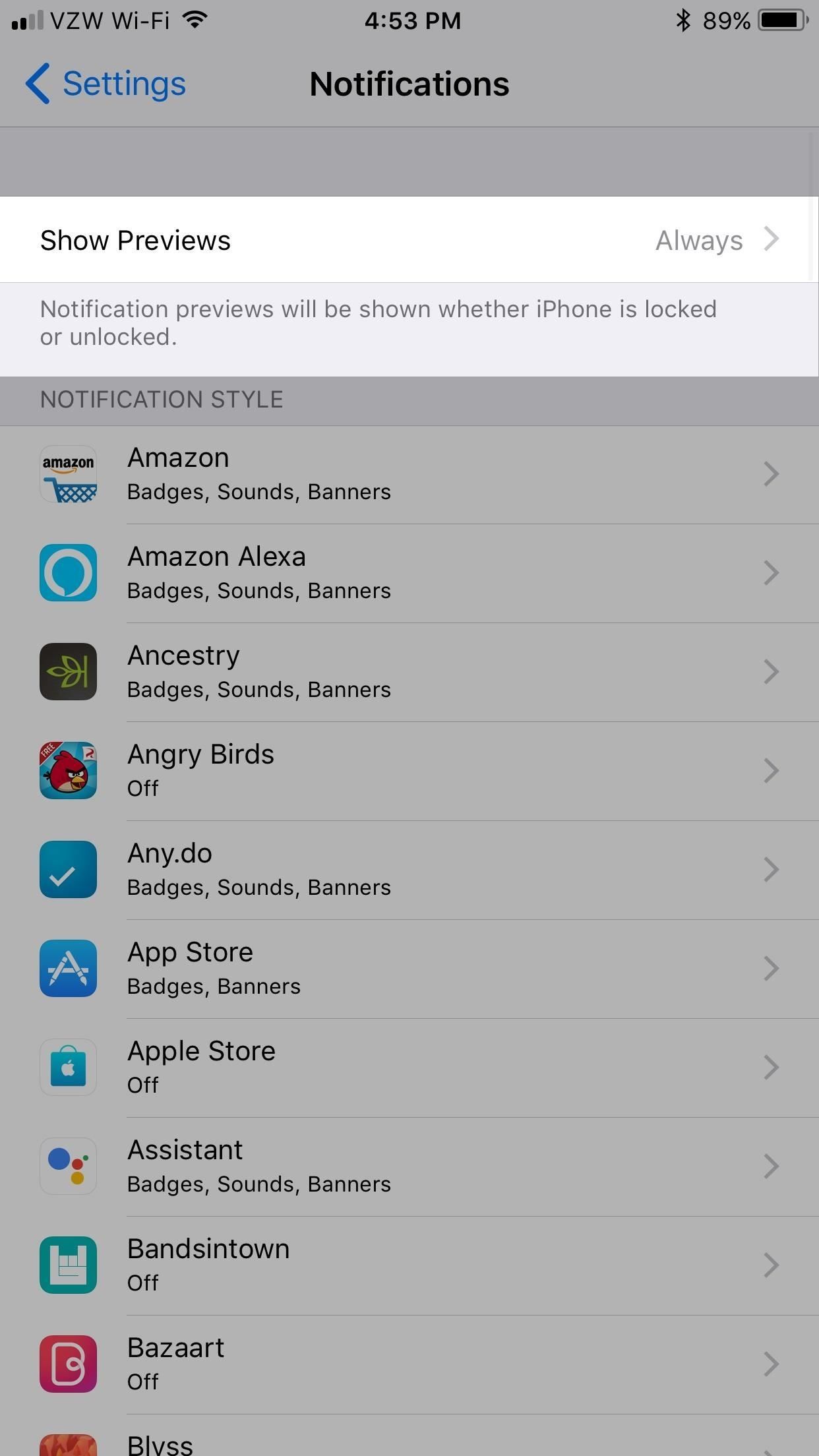 Как отключить предварительный просмотр уведомлений для всех приложений в iOS 11