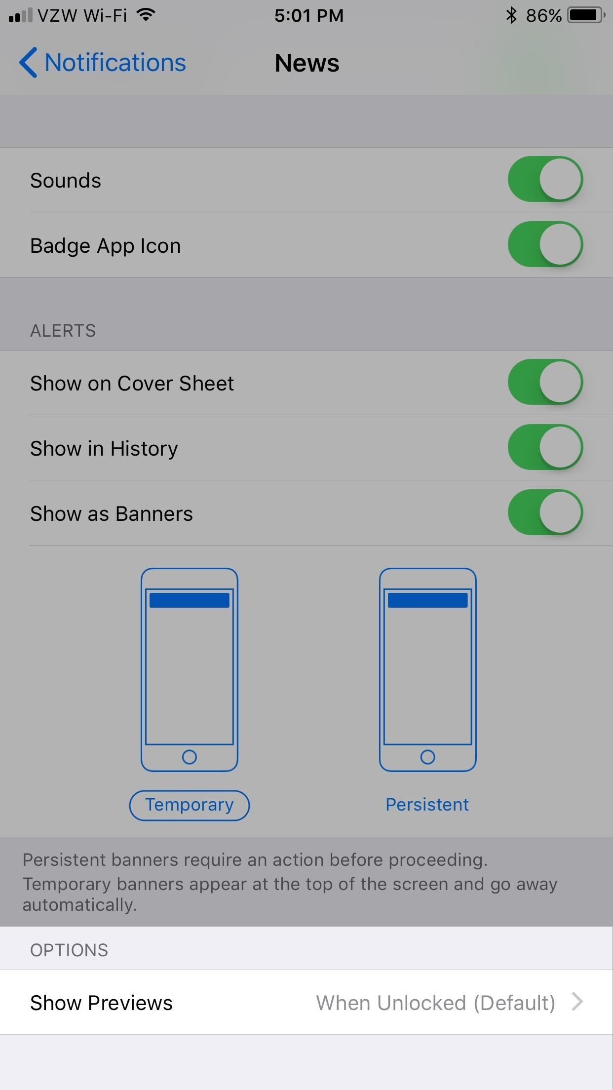 Как отключить предварительный просмотр уведомлений для всех приложений в iOS 11