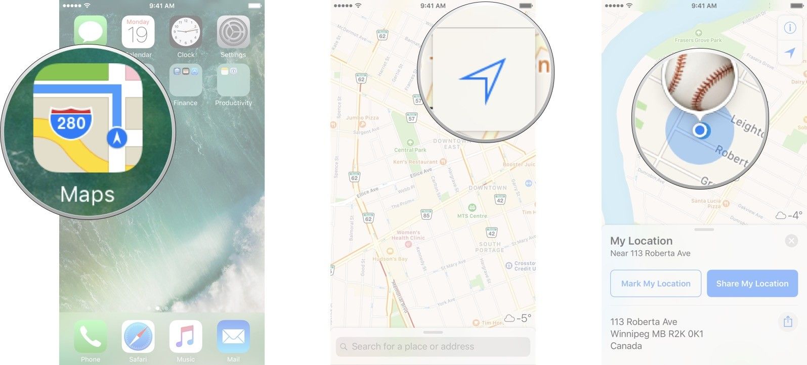 Запустите приложение «Карты», коснитесь стрелки текущего местоположения, а затем коснитесь синей точки.