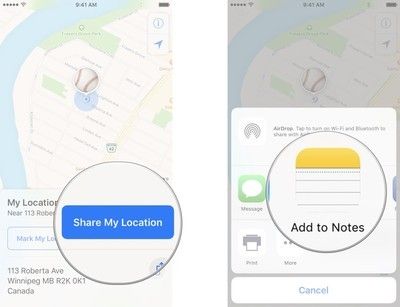 Нажмите «Поделиться моим местоположением», а затем нажмите «Добавить в заметки».