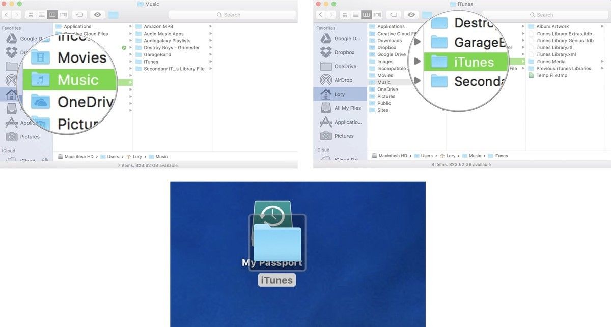 Нажмите «Музыка», затем перетащите папку iTunes на жесткий диск или скопируйте ее в онлайн-службу резервного копирования.