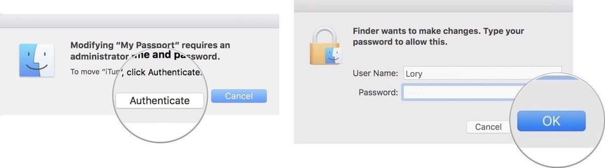 Нажмите «Аутентификация», чтобы дать разрешение на создание копии вашей библиотеки iTunes, затем введите пароль администратора.
