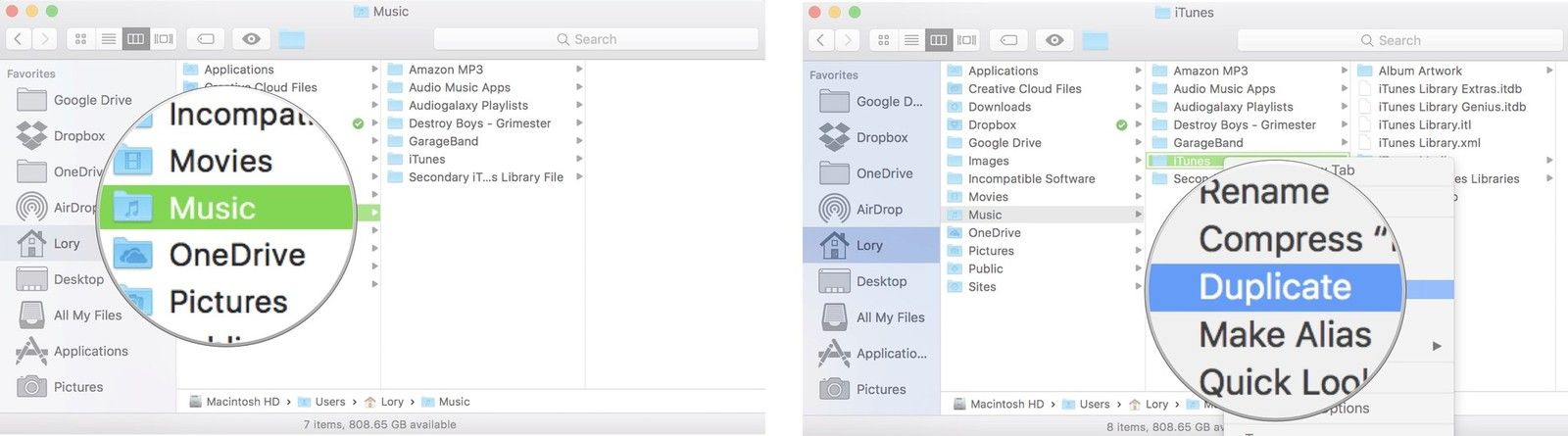 Нажмите «Музыка», затем щелкните правой кнопкой мыши iTunes, а затем нажмите «Дублировать».