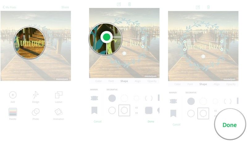 Нажмите на текст, который вы хотите изменить, нажмите и перетащите угол текста, чтобы изменить его's size, tap done.