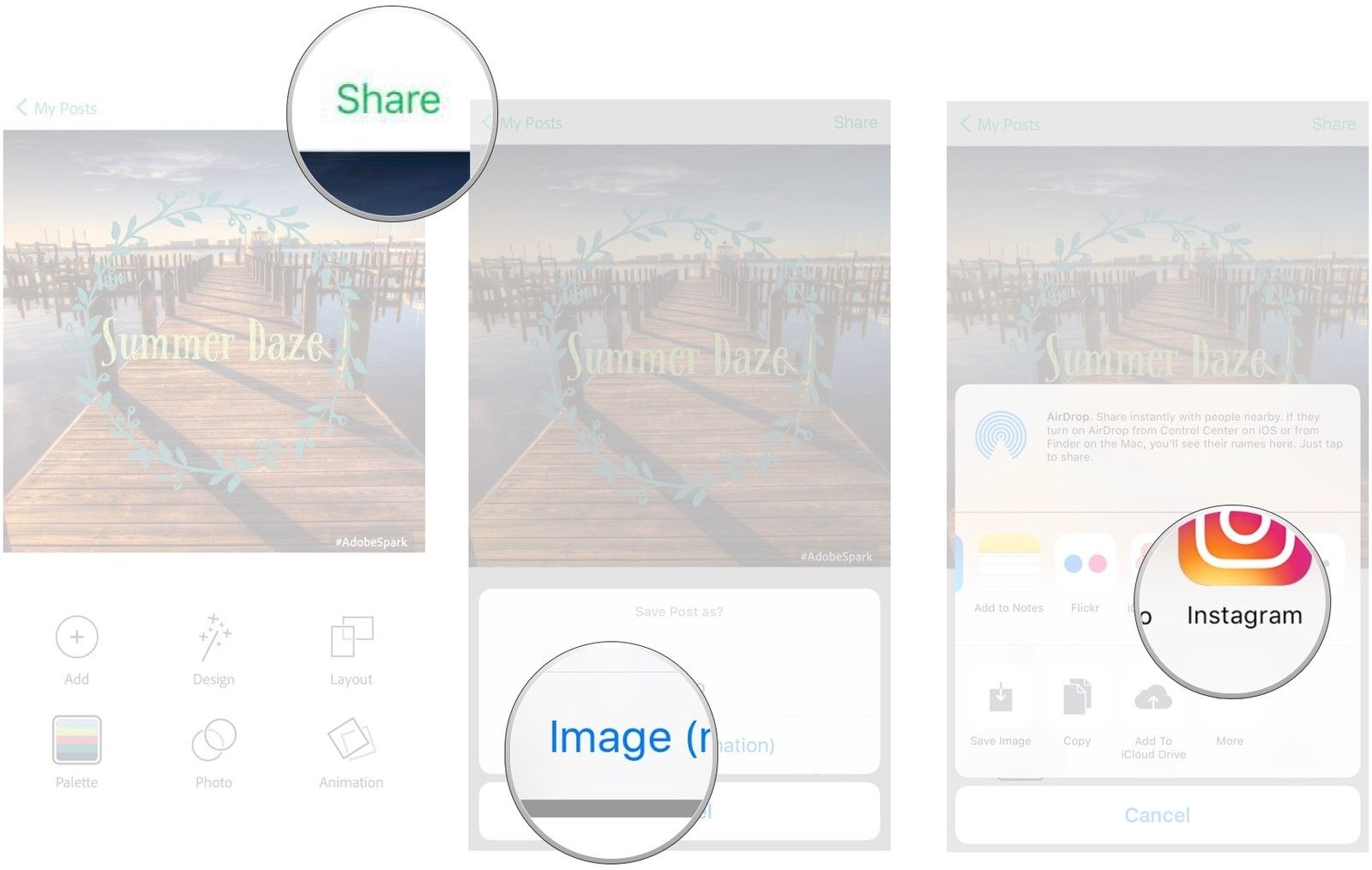 Нажмите поделиться, нажмите, чтобы выбрать формат, которым вы хотите поделиться, нажмите, чтобы выбрать, где поделиться.