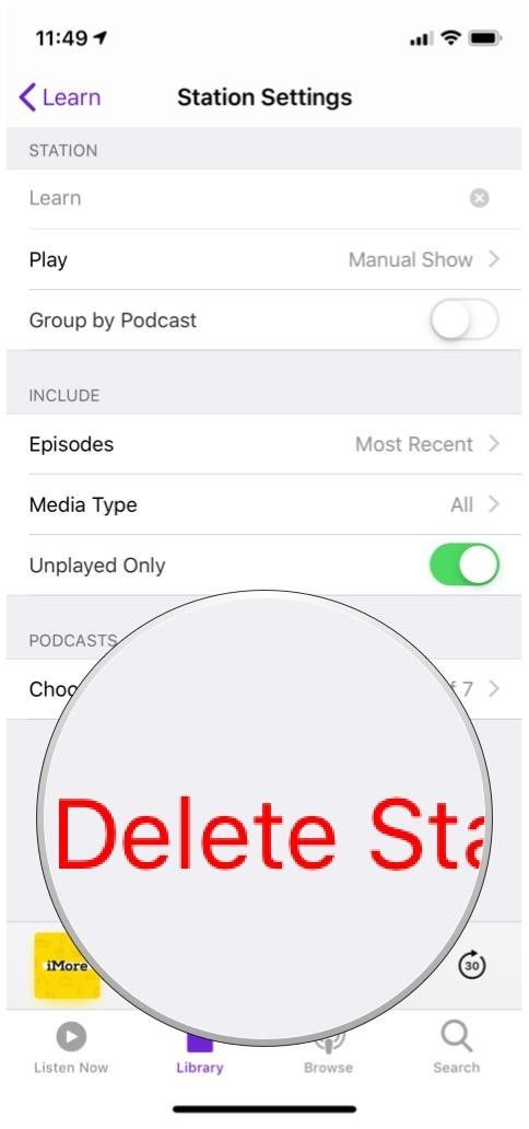 Приложение Apple Podcasts Настройки станции, опция удаления станции