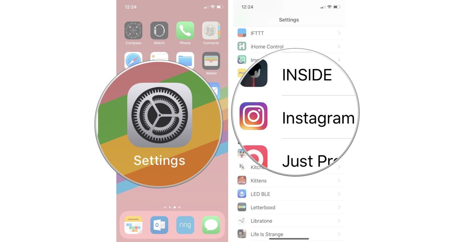 Откройте настройки, затем нажмите Instagram