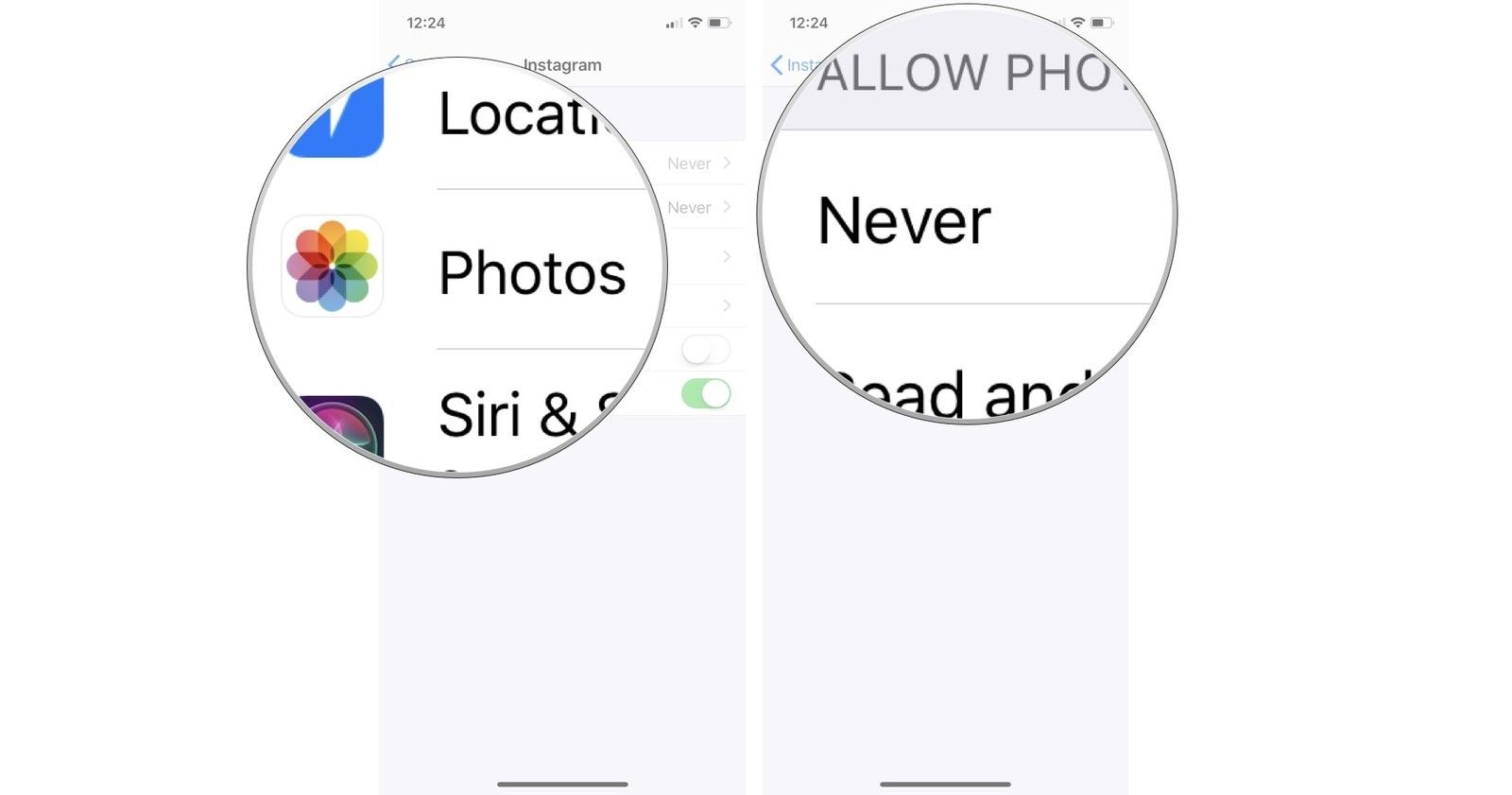 Нажмите «Фотографии», затем нажмите «Никогда»