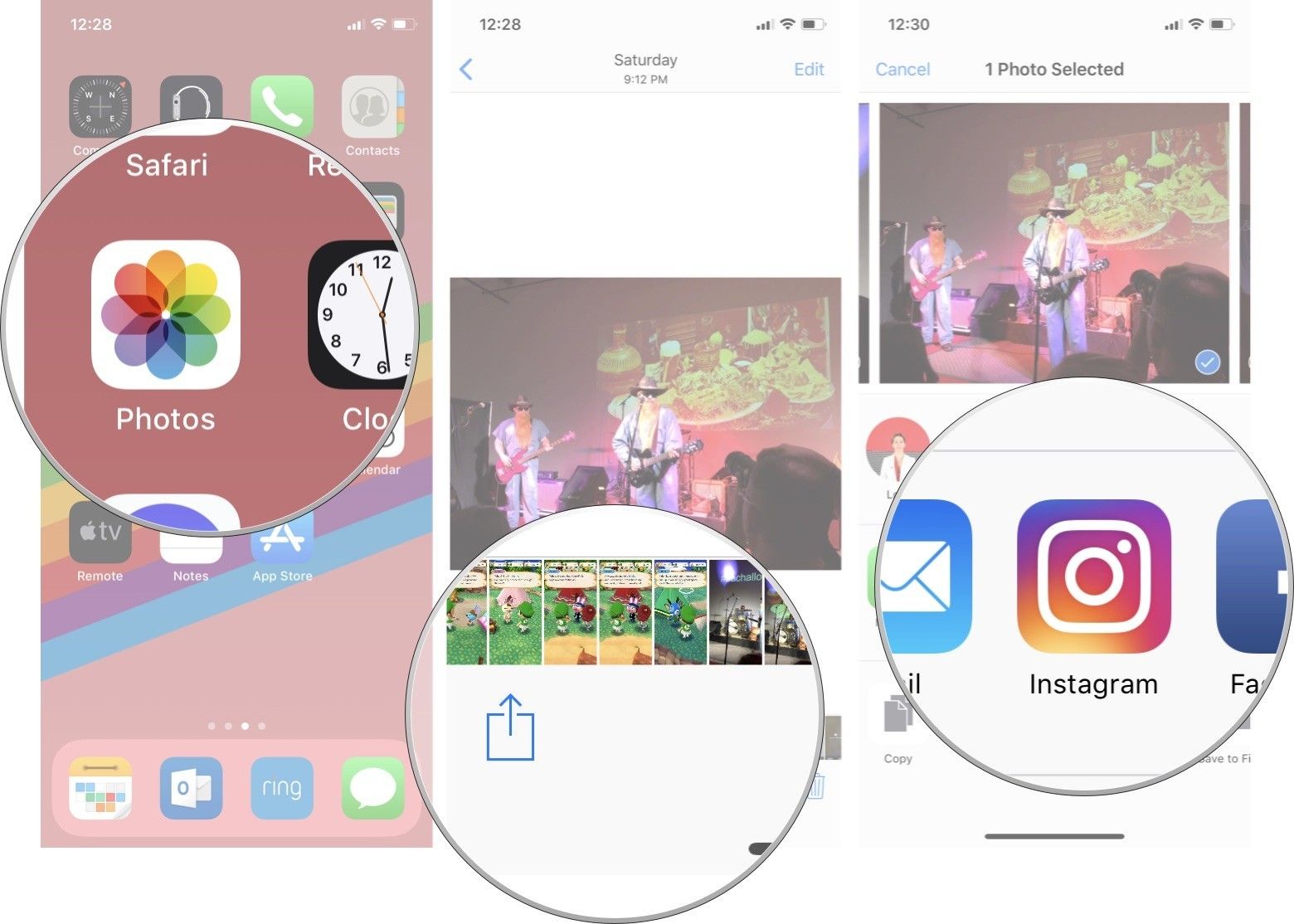 Откройте приложение «Фотографии», выберите фотографию, нажмите кнопку «Поделиться», затем нажмите Instagram
