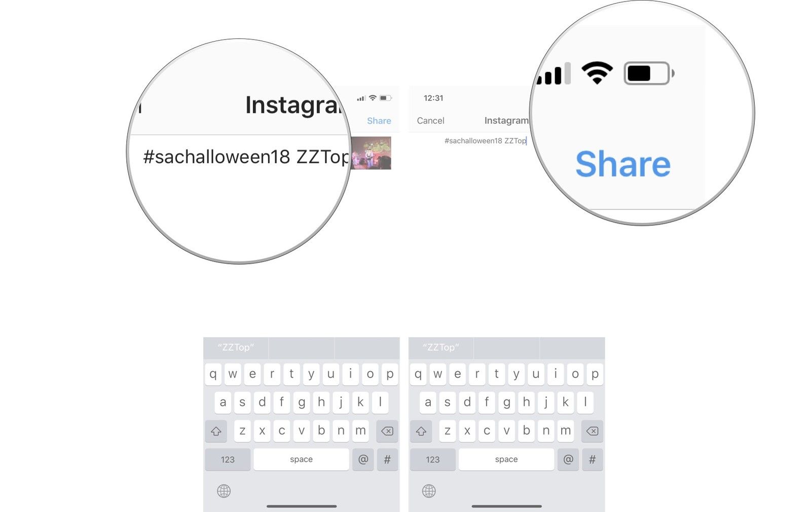 Введите подпись, затем нажмите «Поделиться»