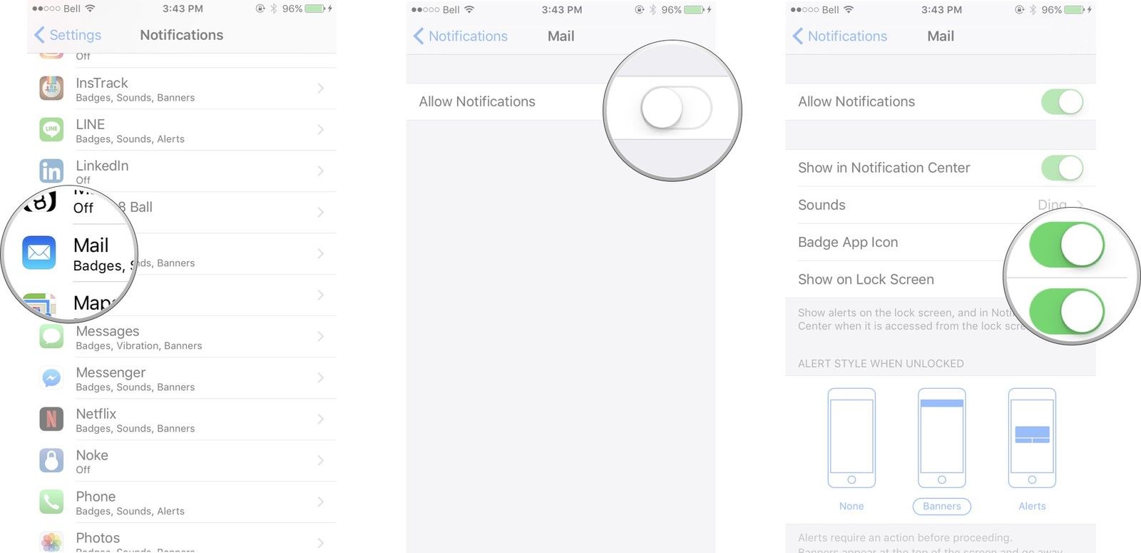 Нажмите «Почта», а затем переключатель «Разрешить уведомления», который настроит его с серого на зеленый. Нажмите на переключатель рядом с каждой опцией, чтобы включить или выключить их.