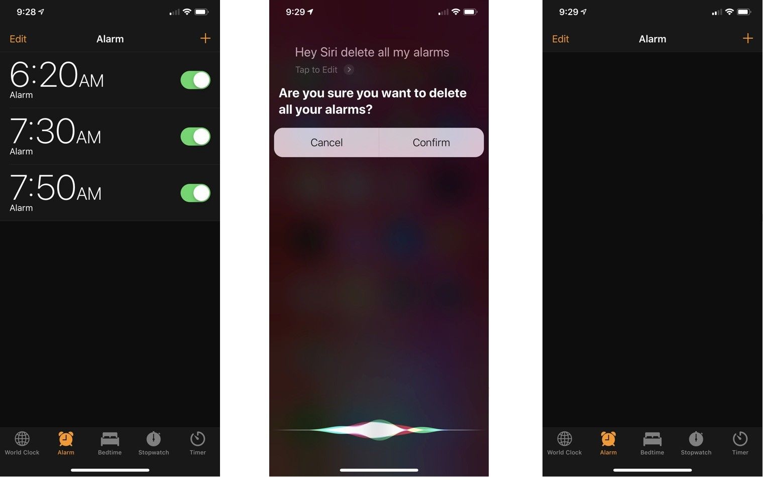 удалить все тревоги с Сири