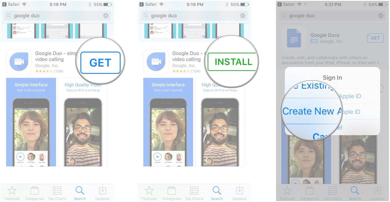 Нажмите получить, установить, создать новый Apple ID