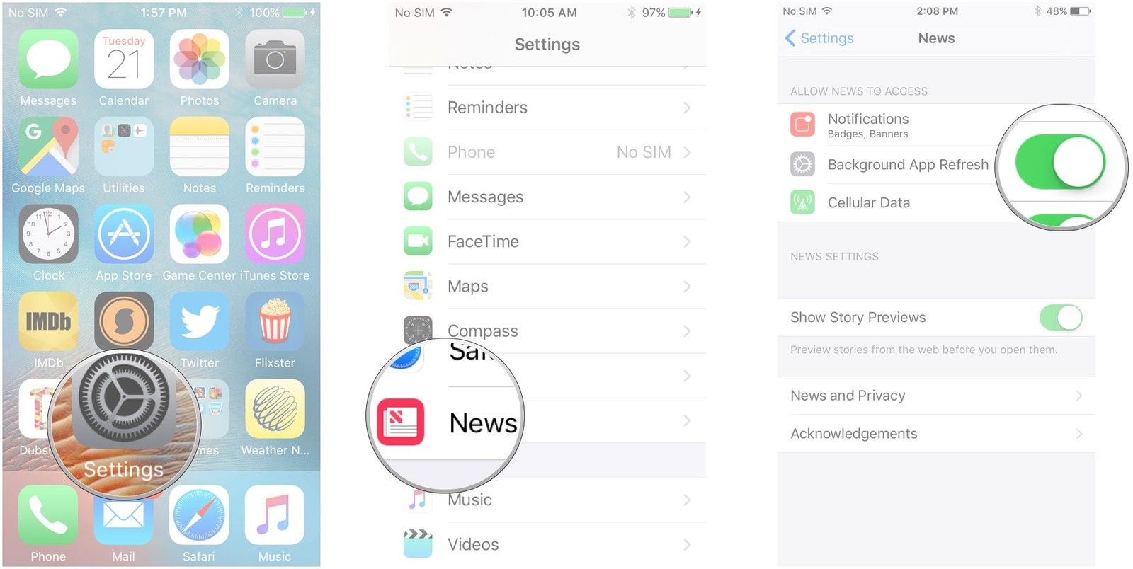 Запустите «Настройки», нажмите «Новости», нажмите переключатель рядом с «Обновить фоновое приложение».