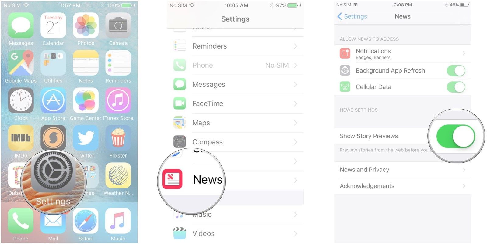 Запустите «Настройки», нажмите «Новости», нажмите переключатель рядом с «Показать предварительный просмотр истории».