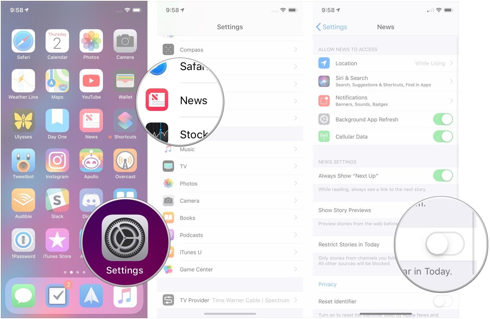 Откройте «Настройки», нажмите «Новости», нажмите переключатель
