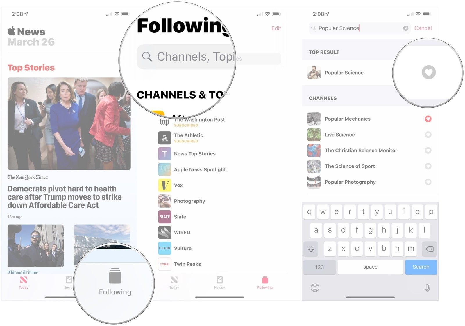 Нажмите «Далее», нажмите «Поиск и поиск», нажмите значок сердца.