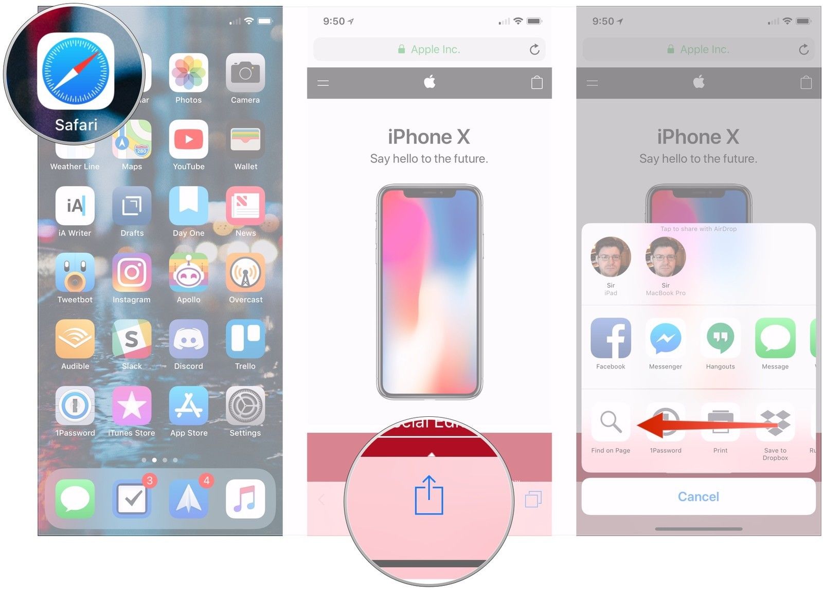 Откройте Safari, нажмите кнопку поделиться, прокрутите влево