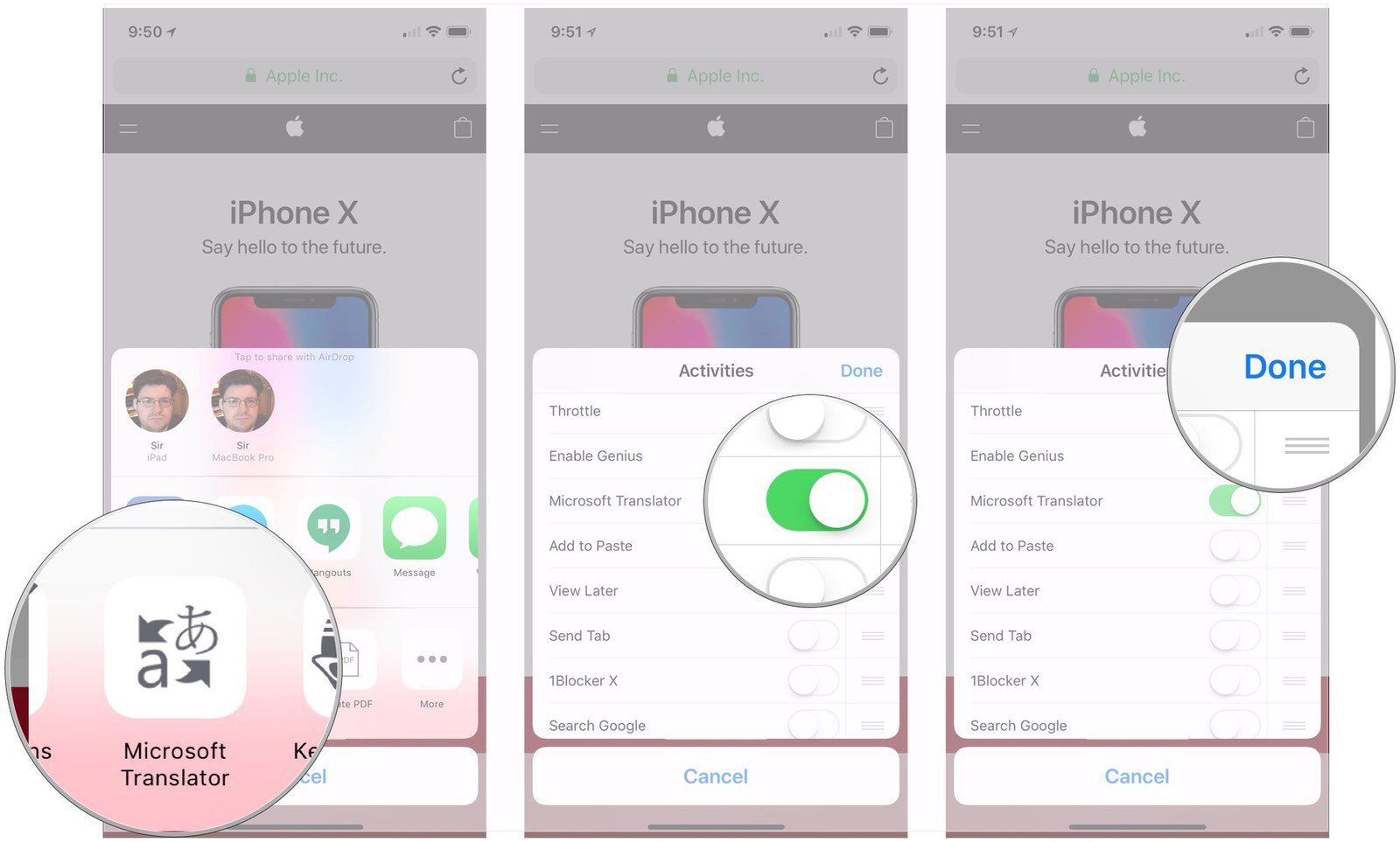 Нажмите Еще, включите переключатель, нажмите Готово