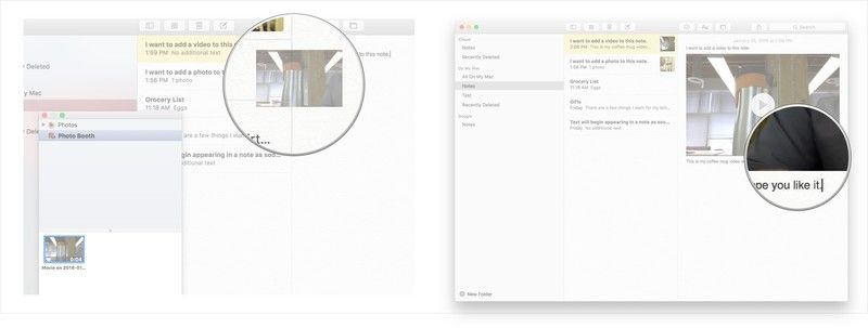 перетащите видео в заметку и добавьте дополнительный текст в заметку.