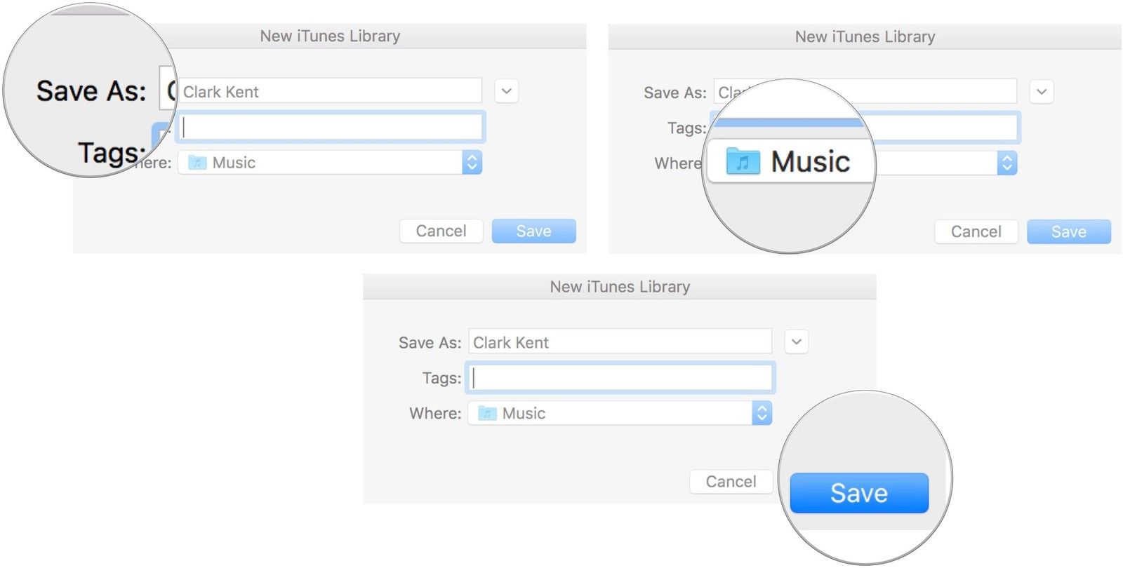 Введите имя библиотеки, затем выберите «Музыка», затем нажмите «Сохранить».