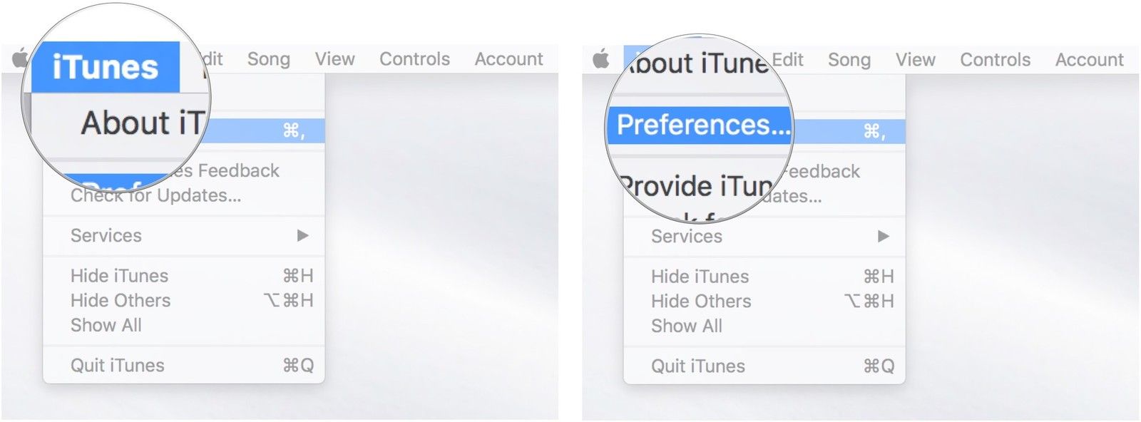Нажмите на меню iTunes, затем выберите «Настройки»