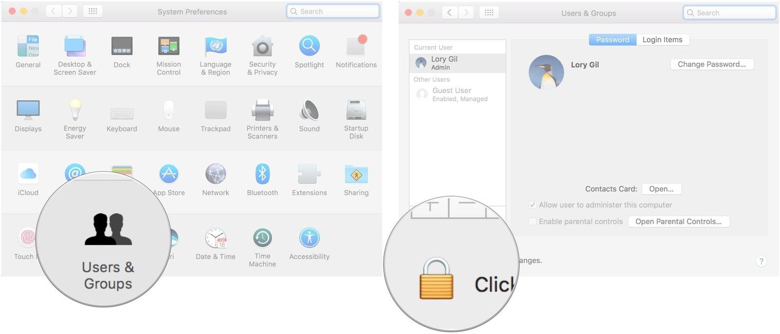 Нажмите Пользователи и группы, затем нажмите на замок