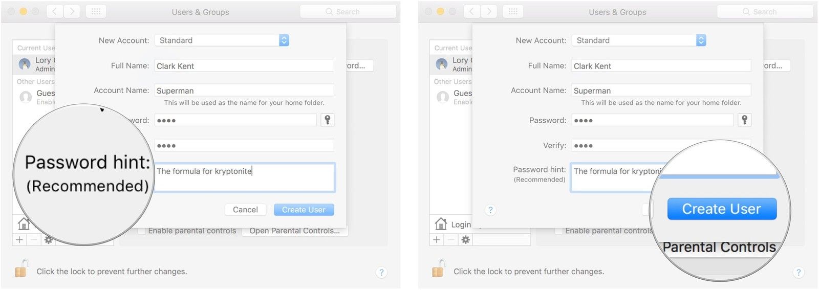 Добавьте подсказку, затем нажмите «Создать пользователя»