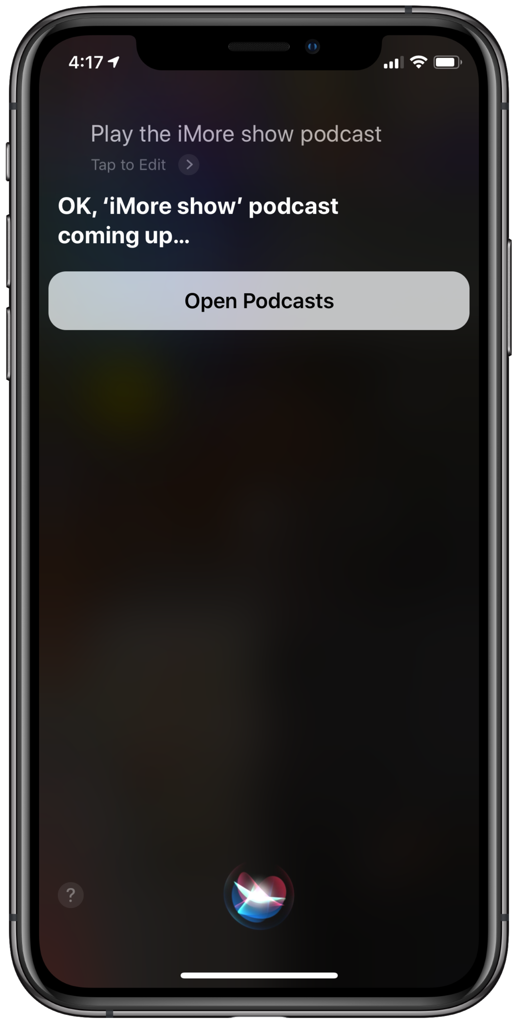 iPhone XS Siri на экране попросил воспроизвести подкаст iMore Show