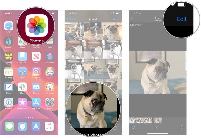Откройте фотографии, откройте фотографию, нажмите «Изменить».
