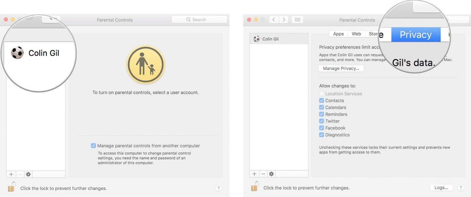 Выберите учетную запись, а затем выберите вкладку Конфиденциальность