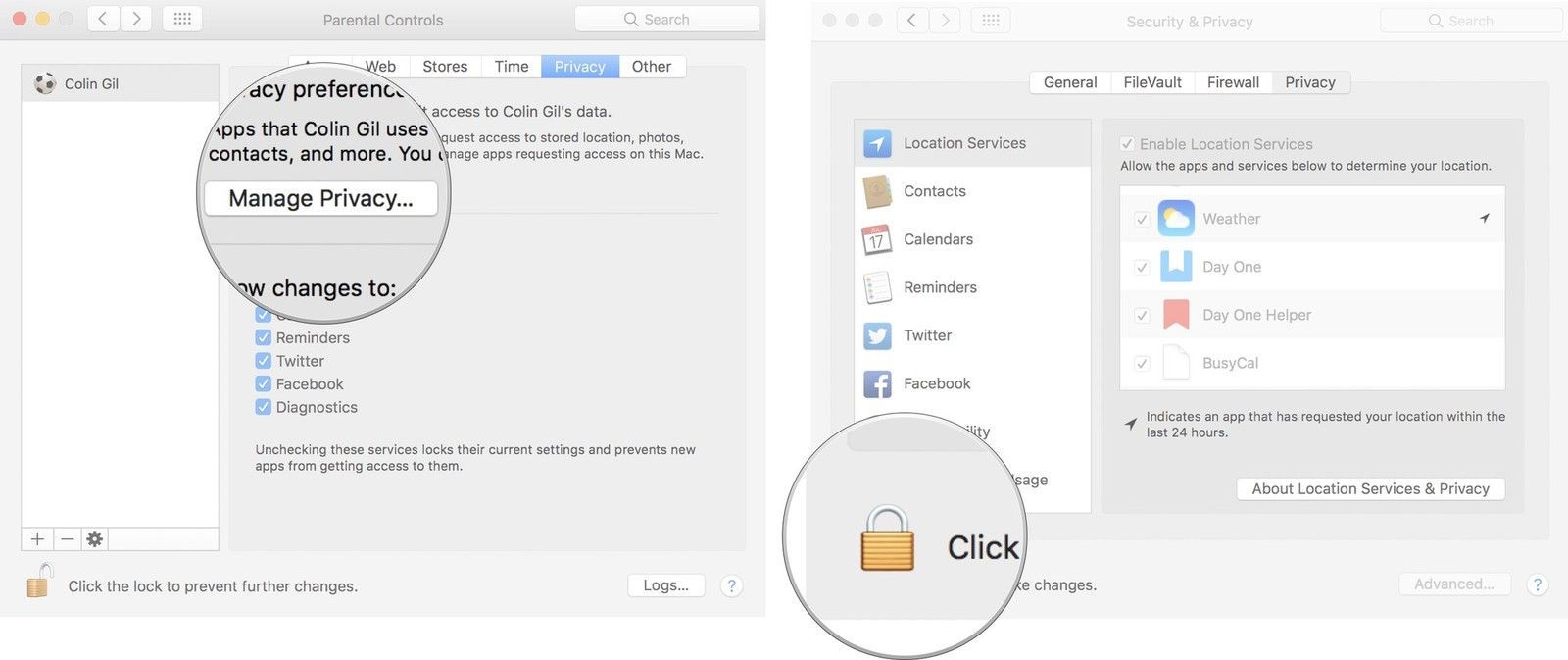 Нажмите «Управление конфиденциальностью», затем нажмите на замок, чтобы открыть окно «Конфиденциальность».