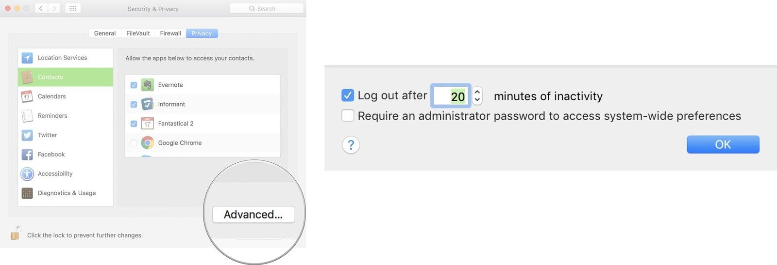 Нажмите «Дополнительно» и установите время для блокировки компьютера, когда он не используется.