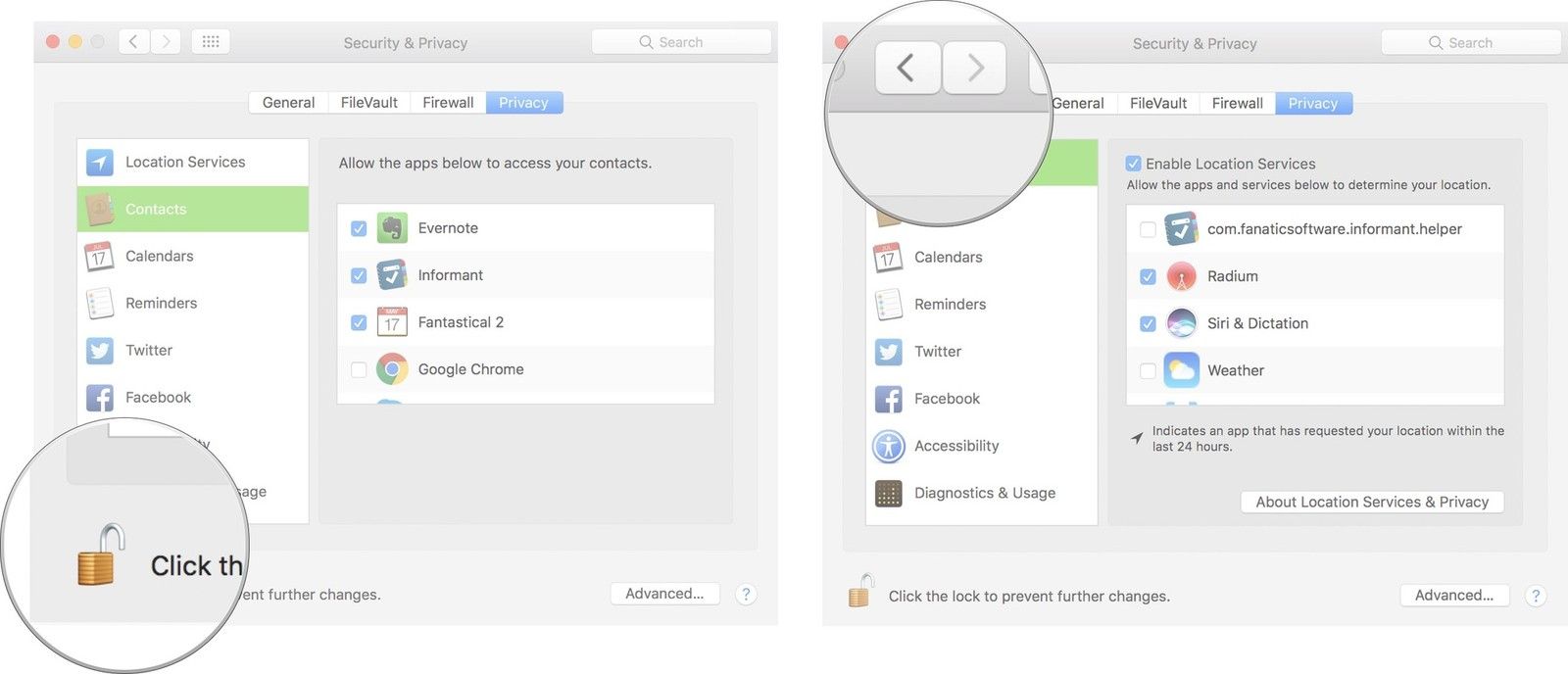 Нажмите на замок и нажмите кнопку «Назад», чтобы вернуться в окно «Конфиденциальность родительского контроля».