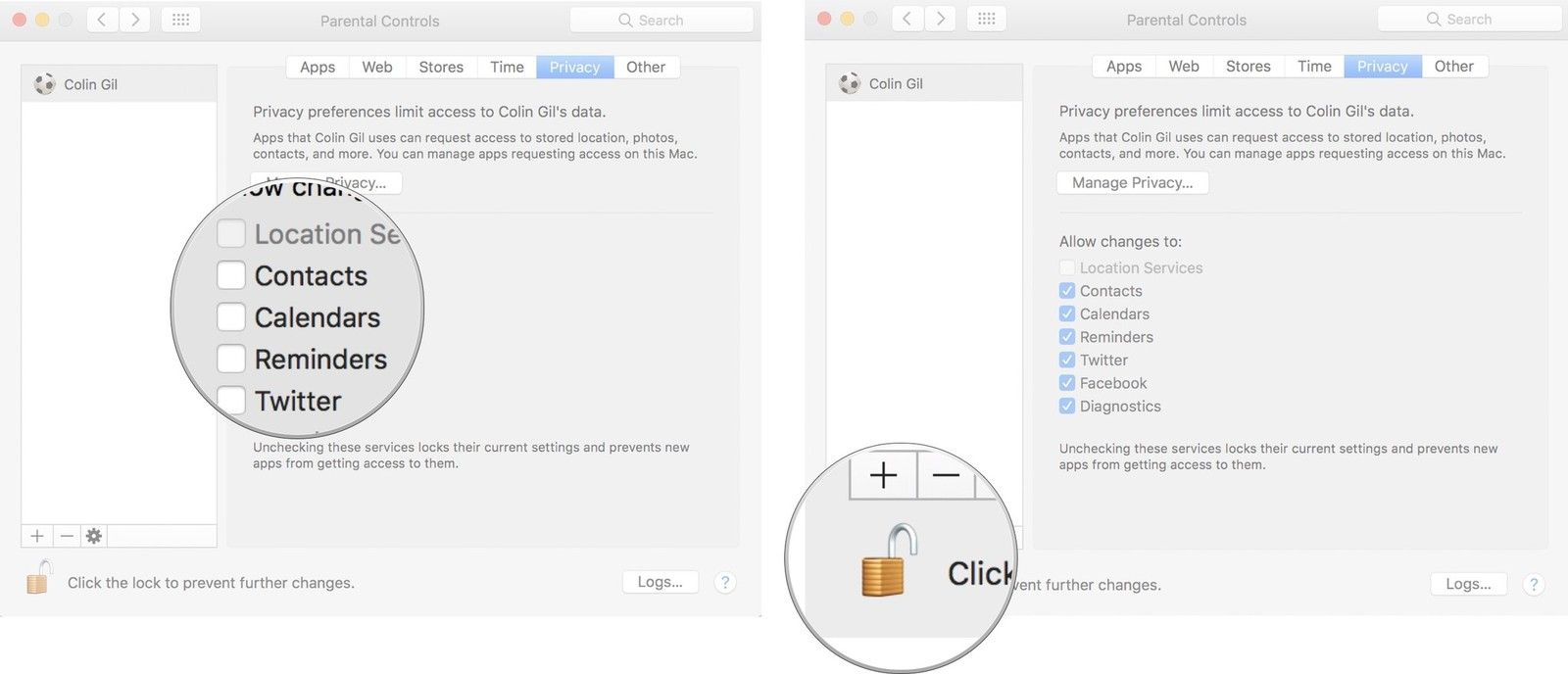 Снимите флажки с сервисов, чтобы заблокировать их текущие настройки