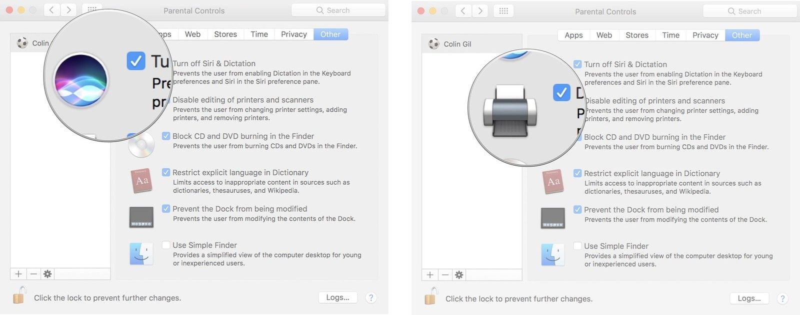Установите флажок, чтобы отключить Siri и настройки принтера