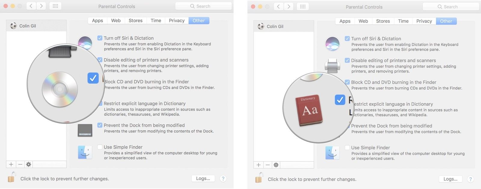 Установите флажок, чтобы отключить запись компакт-дисков и контент для взрослых в словаре