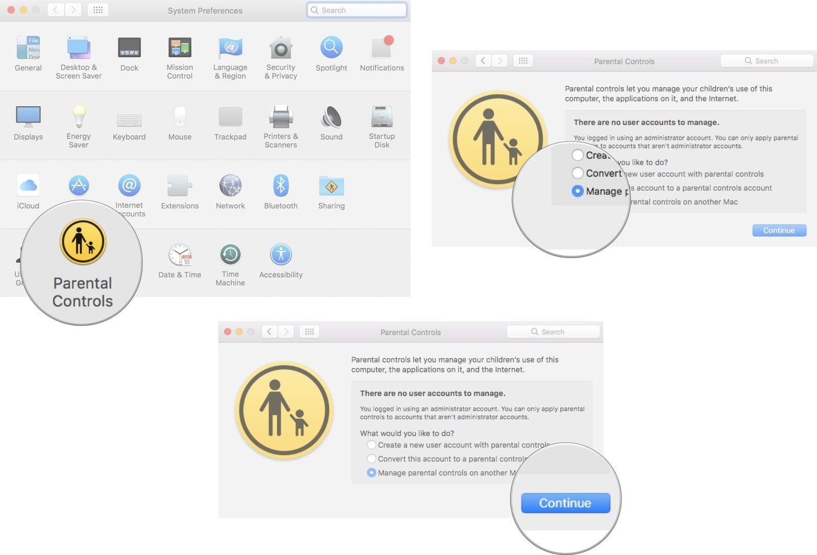 Нажмите на родительский контроль, затем нажмите «Управление» на другом Mac, затем нажмите «Продолжить».